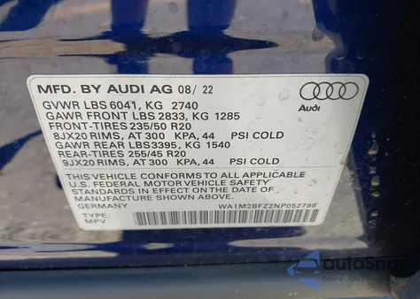 2022 Audi Q4 E-Tron Prestige 50 Quattro из США, поврежденный, VIN WA1M2BFZ2NP052798
